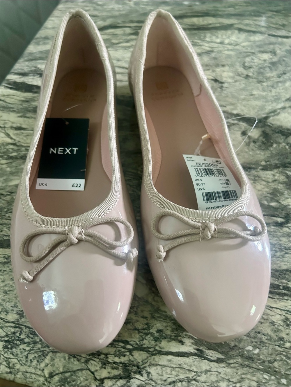 NWT next Pale Pink Patent effect Ballet Flats with Bow Trim